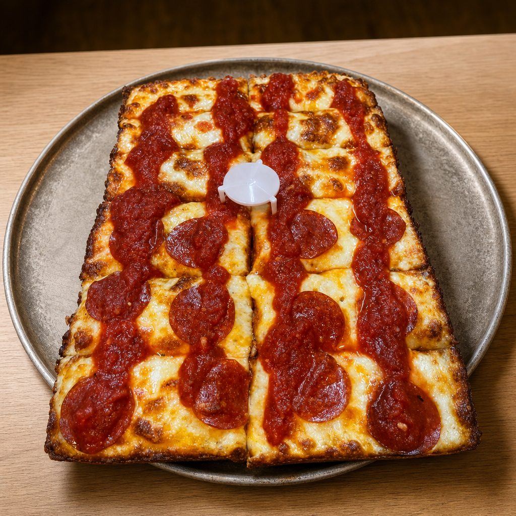 Detroit Deep Dish Pizza.